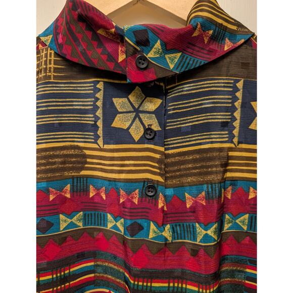Vintage Ms Russ Union Made Geometric Tribal Print Top Collared Indie Boho Casual - Picture 6 of 6